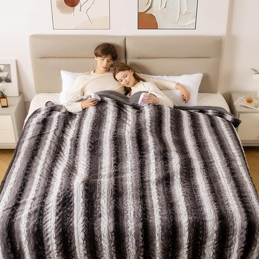 Bearhug Electric Blanket King Size 100" x 90", Gift Box, Dual Controller Heated Blanket, Grey Strip Patterns Faux Fur & Soft Sherpa, 10-Heat Levels & 1-12H Auto Off, 5 Year Warranty, 19ft Long Cord