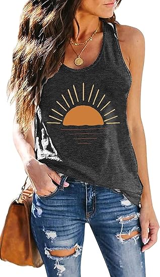 Womens Vintage Graphic Racerback Tank Tops Summer Beach Vacation Tank Cami Casual Loose Workout Yoga Tanks Vest