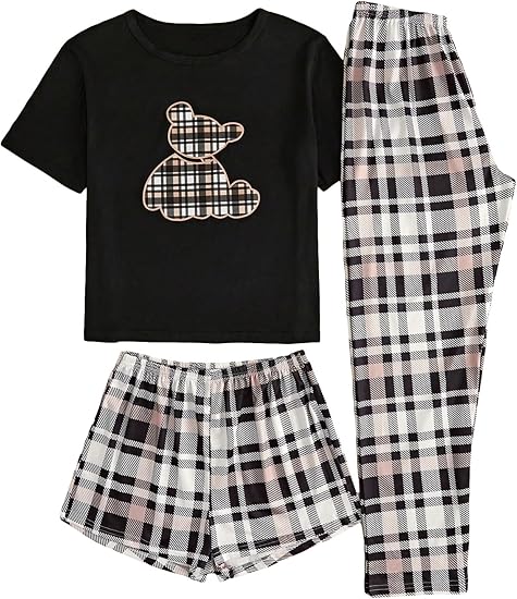 OYOANGLE Women's 3 Piece Pajama Set Sleepwear Loungewear Sets PJ Set Print Tee Top and Shorts with Pants