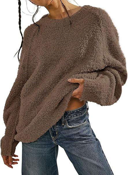 Beaully Women's Oversized Long Sleeve Crewneck Fuzzy Knit Warm Sweaters 2024 Fall Pullover Sweater Tops