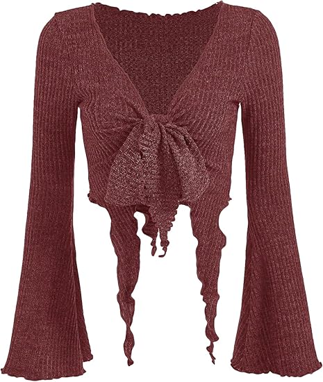 SOLY HUX Women's Long Bell Sleeve Crop Tops V Neck Tie Front T Shirts Sexy Asymmetrical Top Fitted Tees