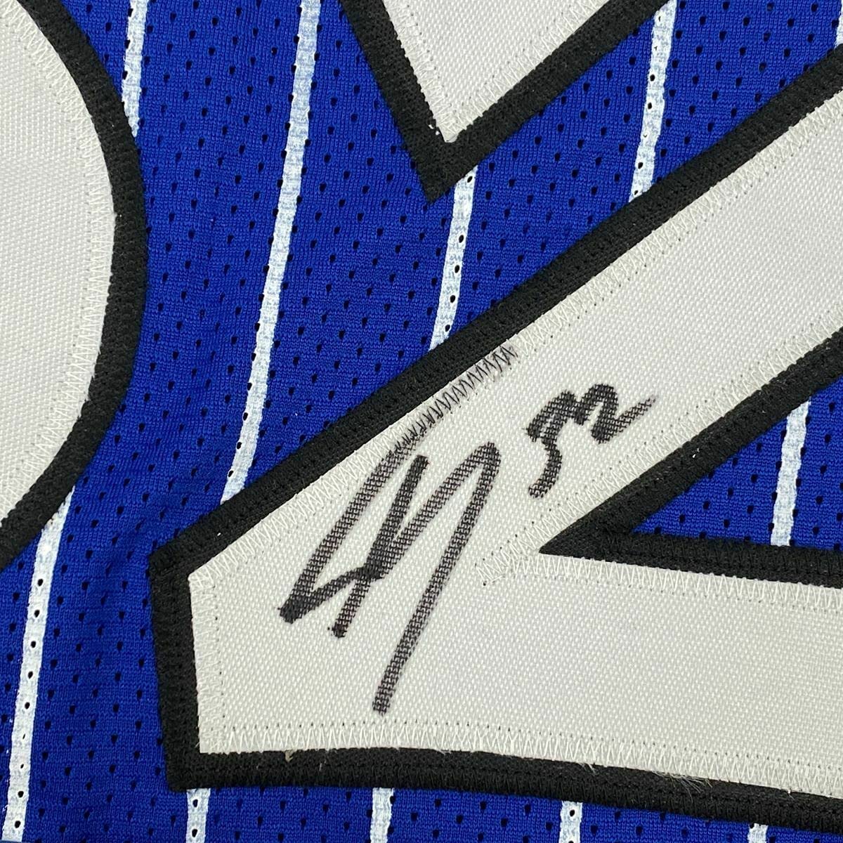 Framed Autographed/Signed Shaquille Shaq O'Neal 35x39 Orlando Blue Pinstripe Basketball Jersey Beckett BAS COA