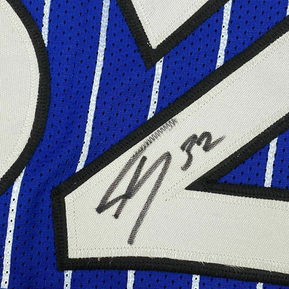 Framed Autographed/Signed Shaquille Shaq O'Neal 35x39 Orlando Blue Pinstripe Basketball Jersey Beckett BAS COA