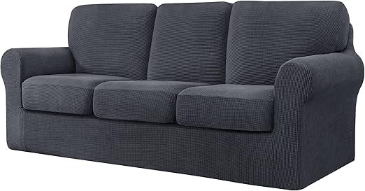 CHUN YI 7 Piece Stretch Sofa Covers for 3 Cushion Couch Covers, 3 Seater Couch Slipcover with 3 Separate Backrests and Cushions with Elastic Band, Spandex Jacquard Fabric(Large, Gray)