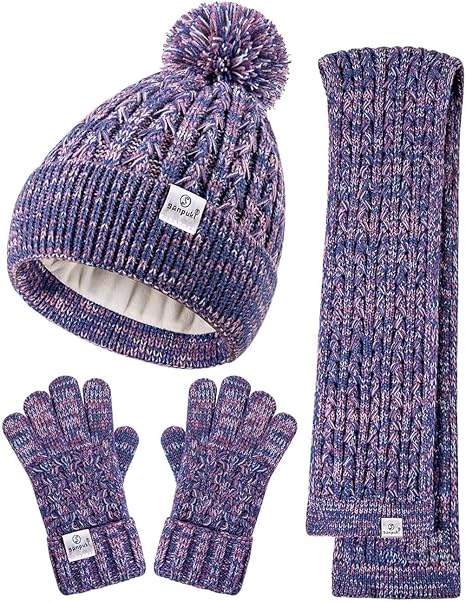 Kids Winter Hat Gloves Scarf Set, Girls Toddler Winter Hat Beanie with Pom Neck Warmer Gaiter Mittens Fleece Lined Set