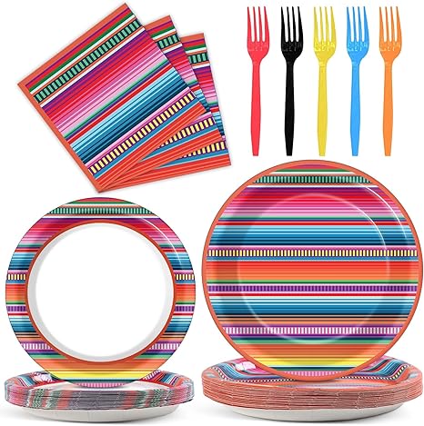 100PCS Mexican Serape Fiesta Plates and Napkins Party Supplies Cinco De Mayo Tableware Set Decor Favors for Mexico Taco Colorful Stripes Pinata Ponchos Platters Dance Party Serves 25