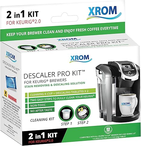 XROM Plant Based Descaling & Cleaning Kit, Compatible With All K-Cup Keurig 2.0 Brewers, All Natural Ingredients, Full Cycle, Rinse Pods, Descaler Solution For Keurig Coffee Makers