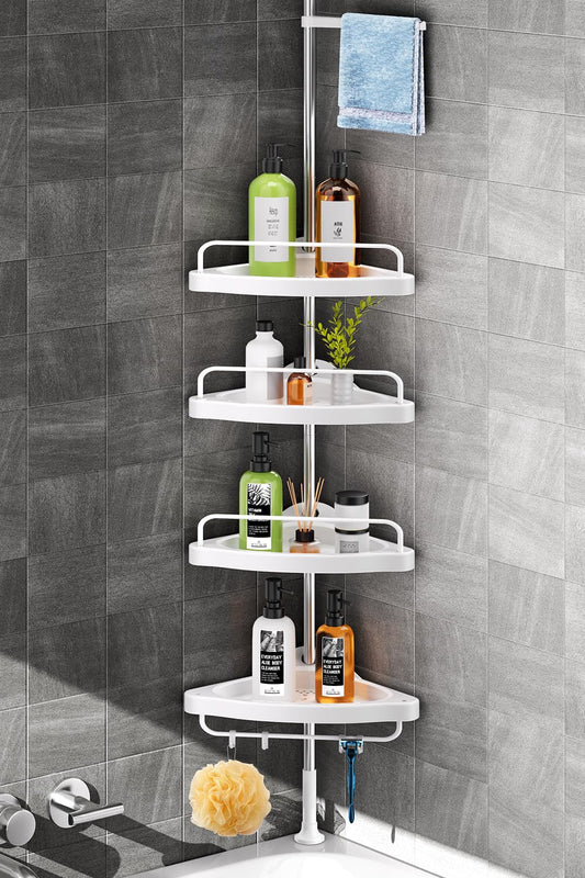 Corner Shower Tension Pole: Adjustable Stainless Steel Organizer 4 Tier Shelf