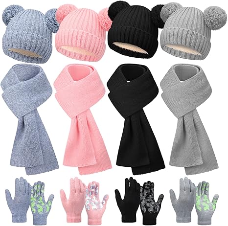 Geyoga 12 Pcs Kids Knitted Winter Hat Scarf Gloves Set for 5-8 Boys Girls Toddler Knit Pom Beanies Mittens Neck Warmer Gift