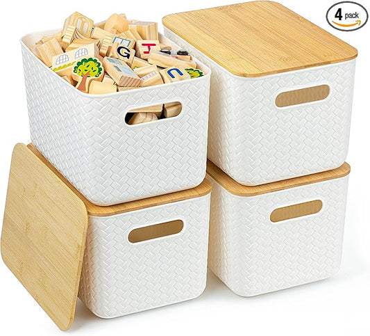 4 Packs Storage Bins with Bamboo Lids - Plastic Storage Containers with Lids Stackable Storage Box: Storage Baskets for Organizing Desktop Closet Playroom Classroom Office, White