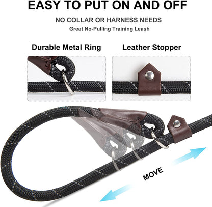 Fida Durable Slip Lead Dog Leash, 6 FT x 1/2" Heavy Duty Dog Loop Leash, Comfortable Strong Rope Slip Leash for Large, Medium Dogs, No Pull Pet Training Leash with Highly Reflective, Black