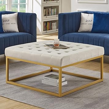 24KF Middle Century Upholstered Tufted Coffee Table with Velvet Padded Seat, Large Square Ottoman with Golden Metal Frame -Taupe