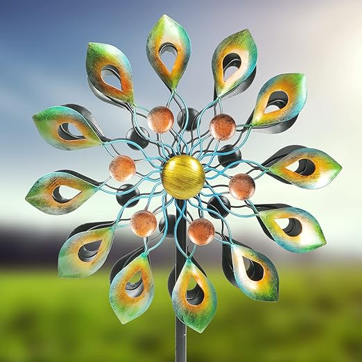 63 Inch Kinetic Wind Spinners with Garden Stake, Metal Windmill Garden Decorations, 360 Swivel Peacock Outdoor Wind Sculpture, Dual Direction Wind Catcher for Yard Art, Lawn, Garden Decor, Idea Gifts