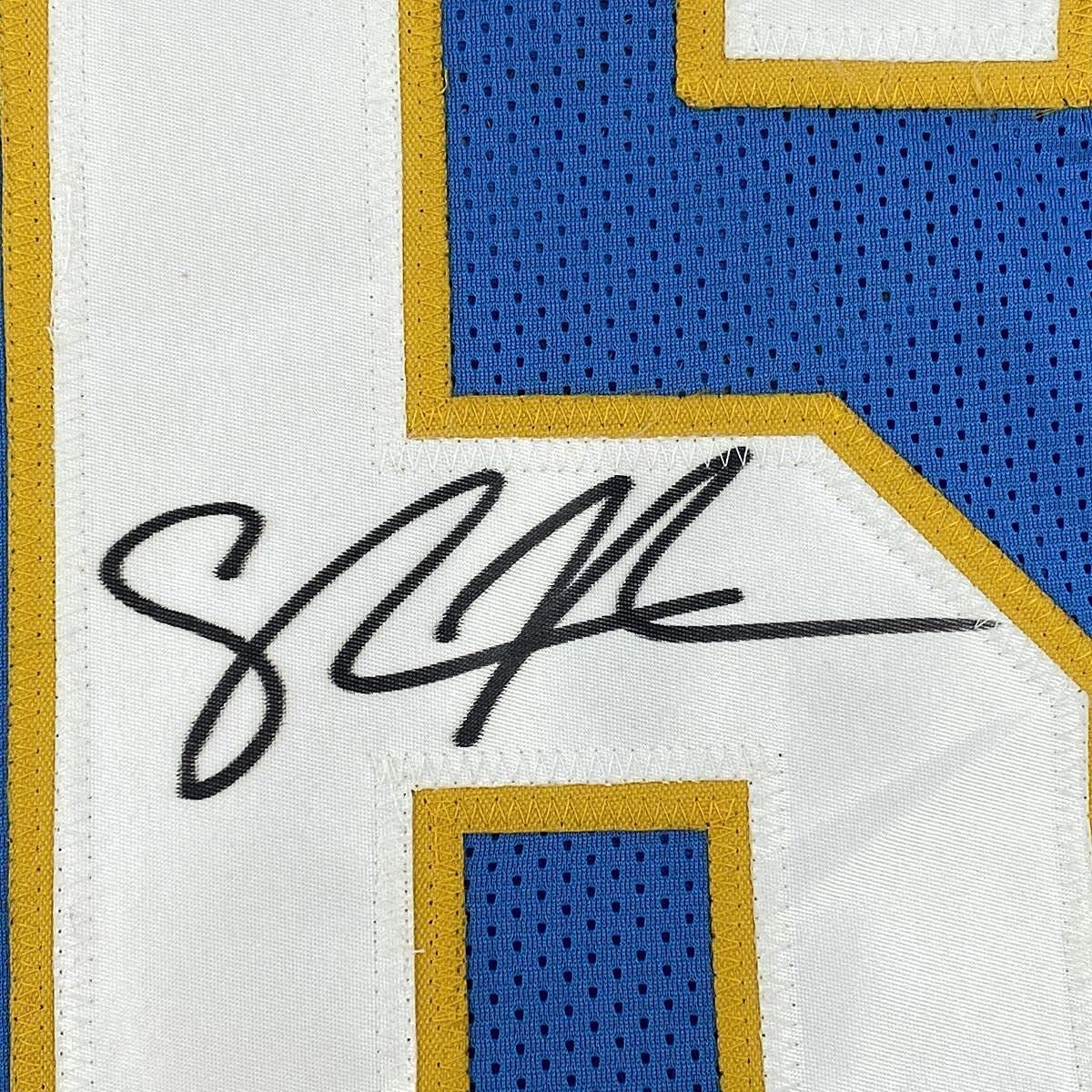 Framed Autographed/Signed Shawne Merriman 35x39 San Diego Powder Blue Football Jersey Beckett BAS COA