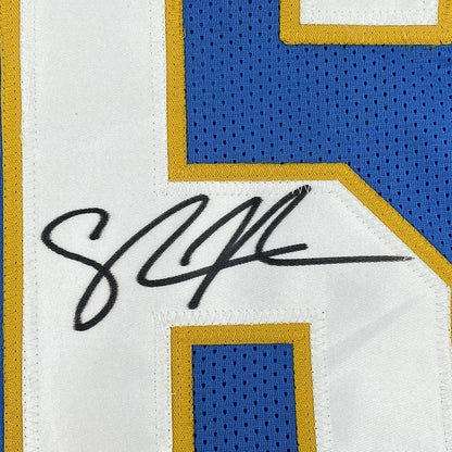 Framed Autographed/Signed Shawne Merriman 35x39 San Diego Powder Blue Football Jersey Beckett BAS COA