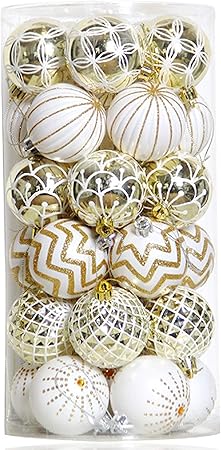 30PCS Christmas Balls Ornaments, 60MM Gold&White Painted Shatterproof Festive Wedding Hanging Ornaments Christmas Tree Decoration
