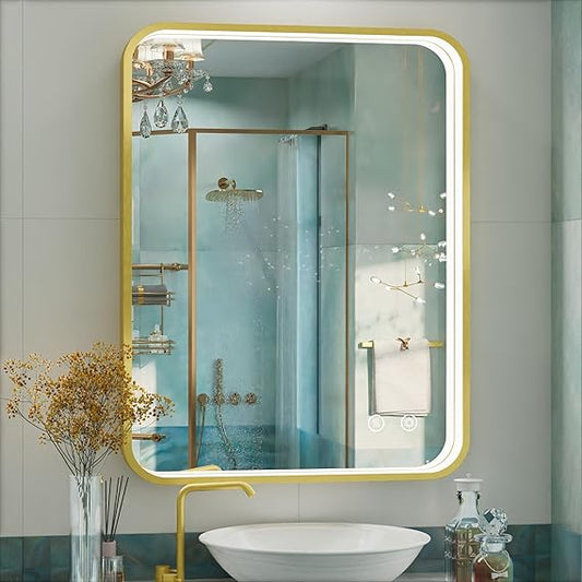 28x36 Inch LED Bathroom Mirror with Lights, Wall Mounted Lighted Vanity Mirror Non-Rusting Gold Metal Frame Anti-Fog Memory Funtion Stepless Dimmable for Bathroom Decor Horizontal/Vertical