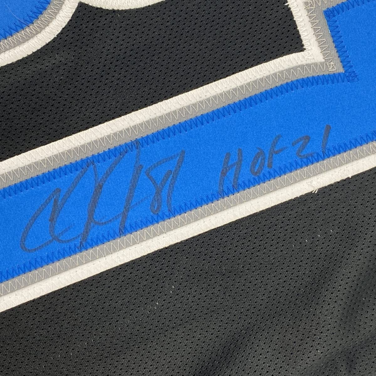 Autographed/Signed Calvin Johnson HOF 21 Detroit Black Football Jersey JSA COA