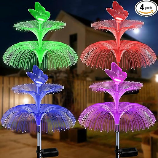 4 Pack Solar Garden Lights, Gardening Birthday Gifts for Mom Grandma Women, Waterproof 7 Color Changing Jellyfish Lights with Butterfly Solar Flower Lights for Outdoor Pool Yard Garden Christmas Decor