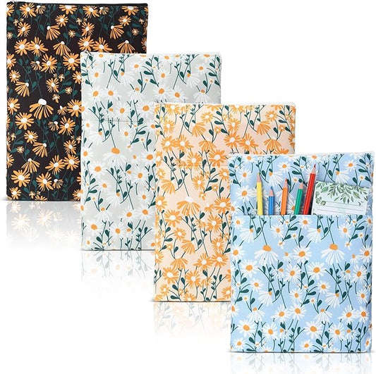 4 Pcs Floral Book Sleeve with Zipper Daisy Flower Book Protector Fabric Book Cover Cute Washable Book Sleeve Pouch for Christmas Book Lover Gifts Students Accessories, 11.8 x 8.7 Inch
