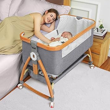 Bedside Bassinet for Baby, Baby Bassinet Bedside Sleeper, Bassinet Bedside Sleeper with Wheels, Storage Basket, Mosquito Nets, Easy to Assemble Bassinet for Newborn/Infant, Adjustable Bedside Crib
