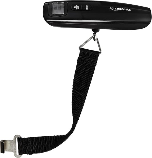 Amazon Basics Portable Digital Luggage Scale for Travel, Hanging Baggage Scale, Suitcase Weight Scale with Battery Included, Digital Display, Flexible and Sturdy Strap, 110 LBS Load, one Size, Black