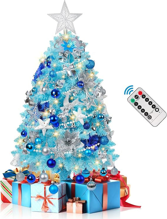 3FT Small Christmas Tree, Mini Prelit Artificial Blue Christmas Tree with 80 LED Lights, 200 Branch Tip, 110 Tree Ornaments and Remote Control, Christmas Home Party Office Decor (Light Blue)