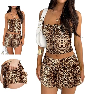 Summer Two Piece Outfits for Women Y2K Going Out Tie Ruched Tube Crop Tops Low Rise Pleated Mini Skort Skirt Sets
