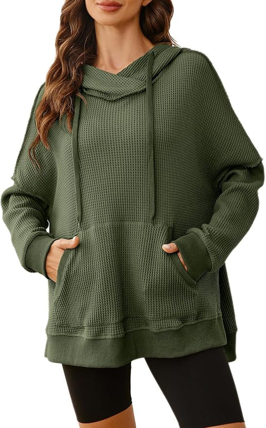 Glamaker Women's Waffle Knit Oversized Hoodies Pullover 2023 Fall Cute Trendy Hooded Sweatshirt Drawstring Casual Outfits