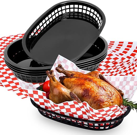 60 Sheets Red Checkered Deli Liners and 6 Black Fast Food Baskets, Classic Deli Baskets with Red Checkered Dry Waxed Deli Paper(12'') (6+60)