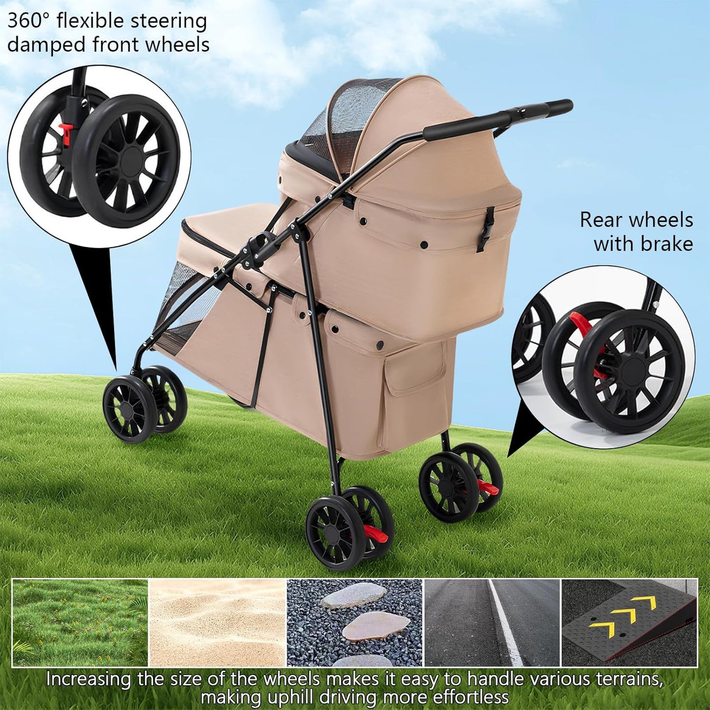 Double Pet Stroller + Foldable Beige Linen Breathable Design