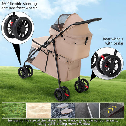 Double Pet Stroller + Foldable Beige Linen Breathable Design