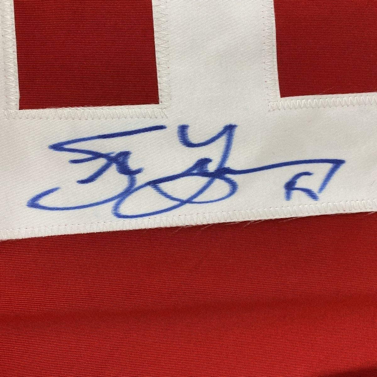 Framed Autographed/Signed Steve Yzerman 35x39 Detroit Red Hockey Jersey JSA COA