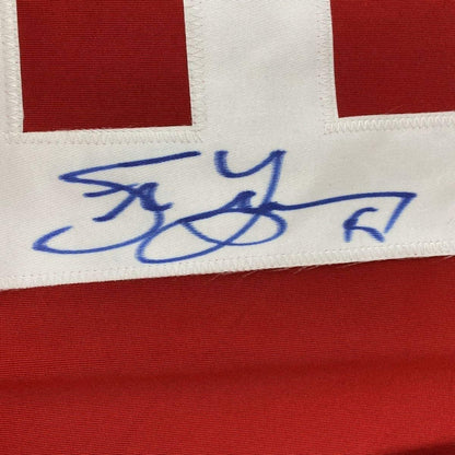 Framed Autographed/Signed Steve Yzerman 35x39 Detroit Red Hockey Jersey JSA COA