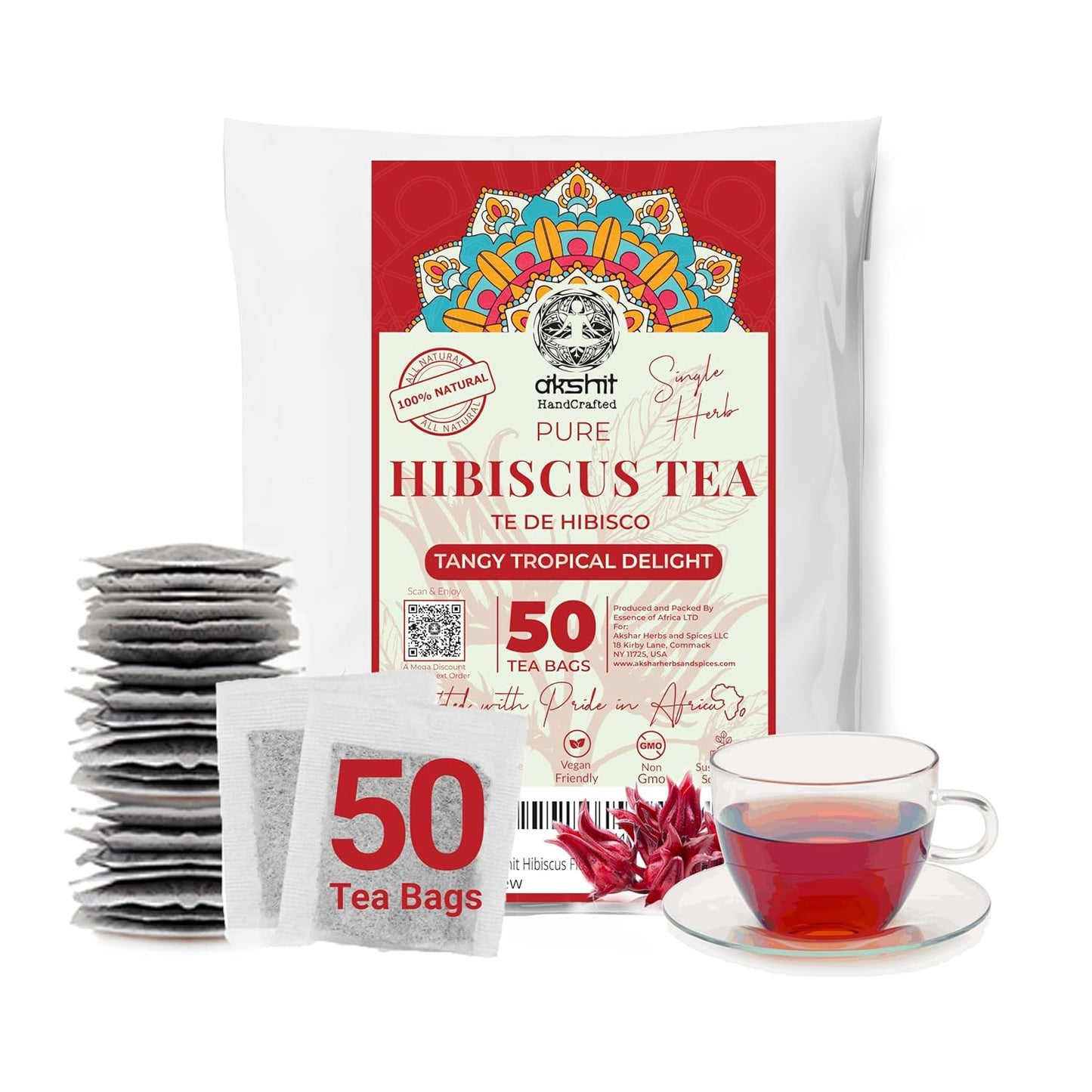 Akshit 50 Hibiscus Tea Bags, Pure Hibiscus Tea, Te De Hibisco from 100% Dried Hibiscus Flowers, Caffeine Free, Sugar Free