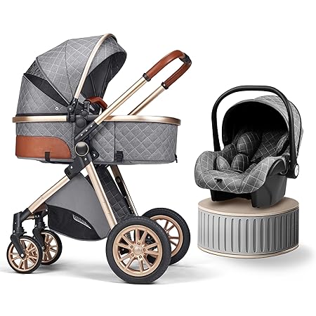 3 in 1 Baby Travel System Infant Baby Stroller Pushchair High Landscape Reversible Foldable Portable Stroller Newborn Pram Reclining Baby Carriage (Gray)
