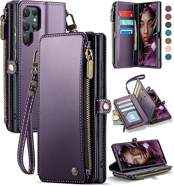 Defencase Compatible with Samsung Galaxy S22 Ultra Case Wallet with RFID Blocking Card Holder for Women Men, PU Leather Magnetic Snap Flip Zipper Strap Phone Case Fit for Galaxy S22 Ultra 5G, Purple