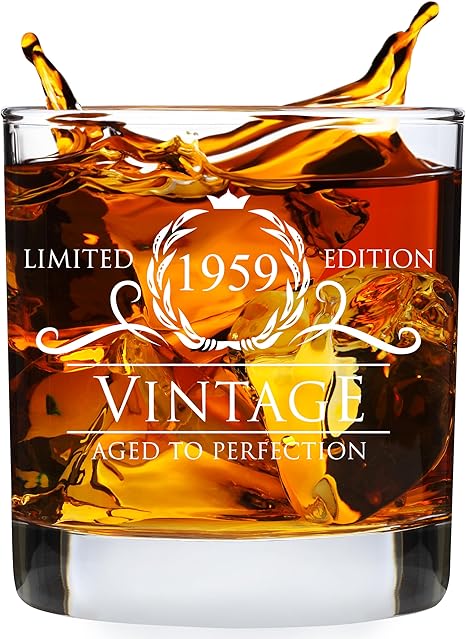 65th Birthday Gifts for Men Women - 1959 Vintage Style 11 oz Whiskey Glass, Scotch Glass, Rocks Glass - 65th Birthday Decorations - Whiskey Accessories - Old Fashioned Gifts for 65 Year Old Men