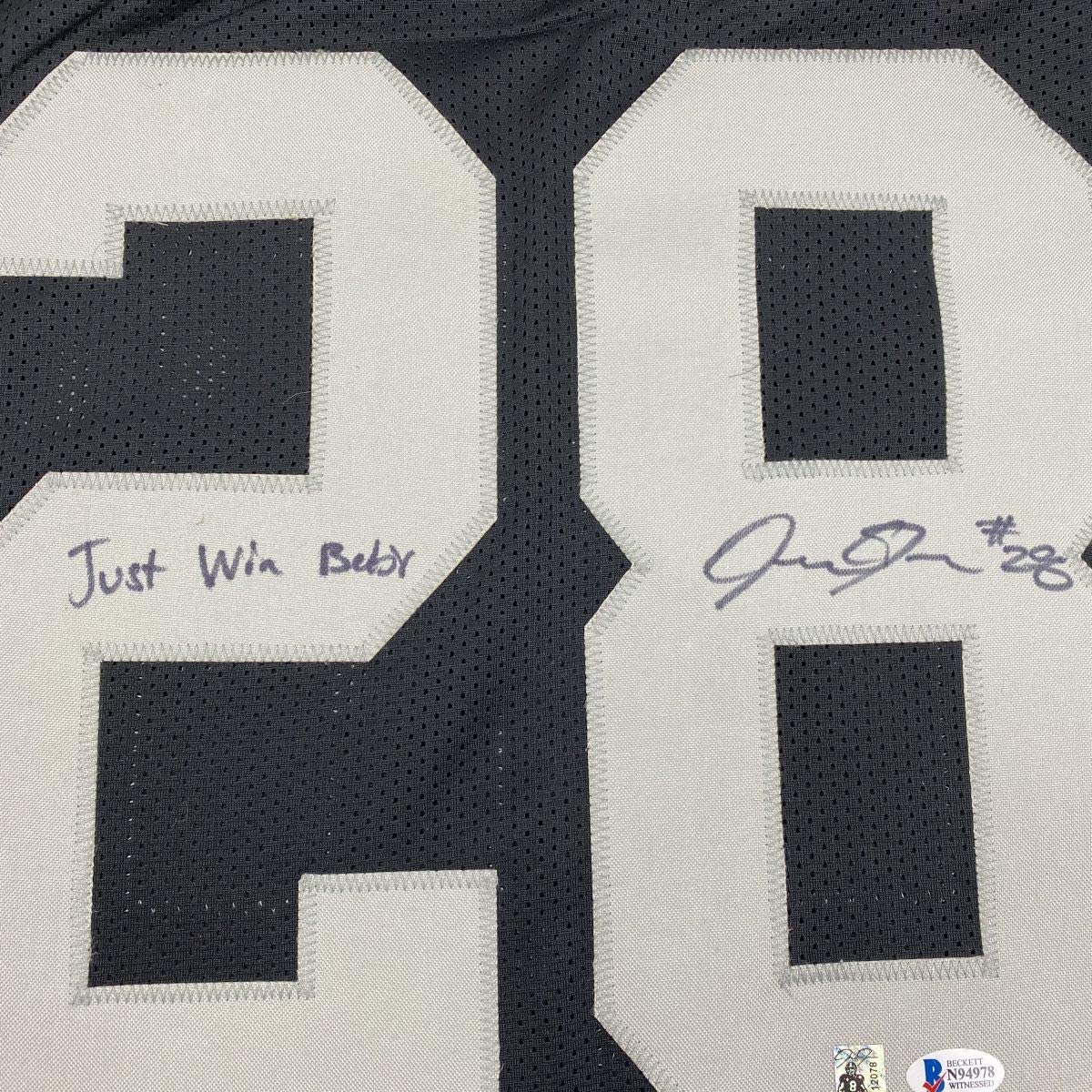 Autographed/Signed Josh Jacobs Just Win Baby Las Vegas Oakland Black Football Jersey Beckett BAS COA