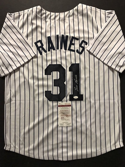 Autographed/Signed Tim Raines New York Pinstripe Baseball Jersey JSA COA
