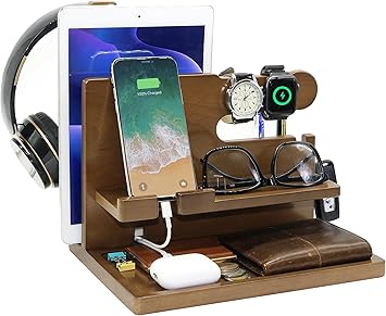 Wooden Phone Docking Station for Men - Nightstand Organizer with Key Holder, Wallet Stand, Watch Organizer and Headphone Holder - Anniversary Birthday Mens Gifts Idea for Dad Husband Boyfriend Uncle