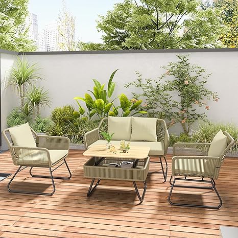 4 Piece Patio Wicker Furniture Set, Adjustable Height Table and Swivel Chair Outdoor with Rattan Conversation Sets for Backyard, Balcony, Deck, Soft Cushions and Solid Metal Frame