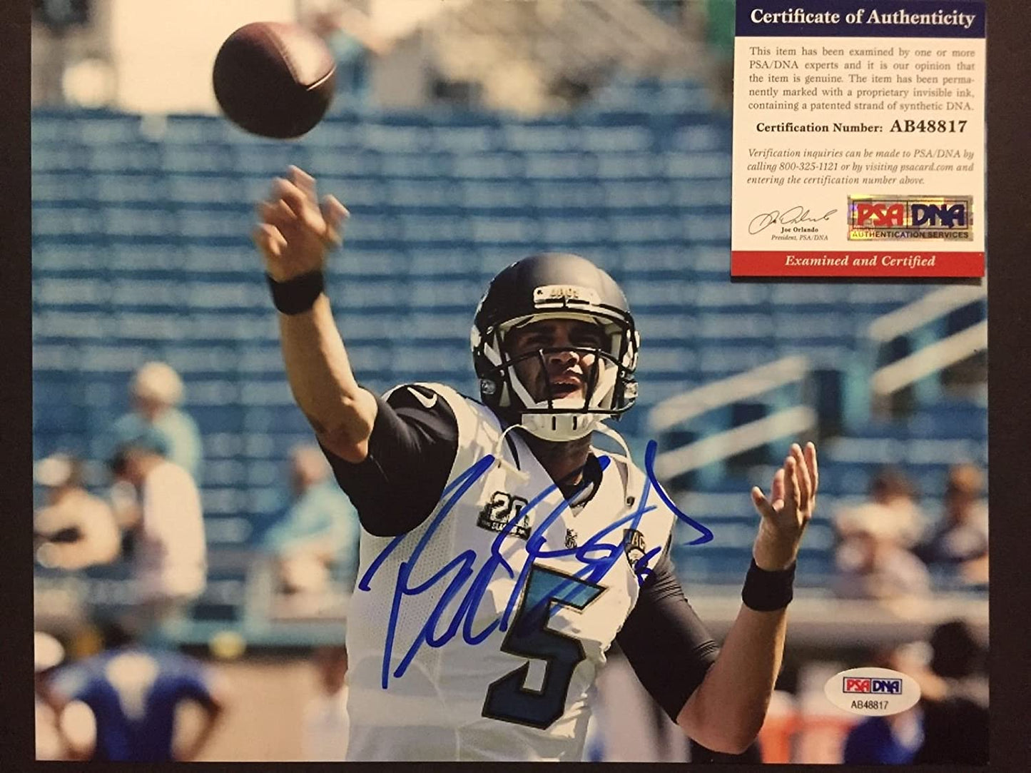 Autographed/Signed Blake Bortles Jacksonville Jaguars 8x10 Football Photo PSA/DNA COA