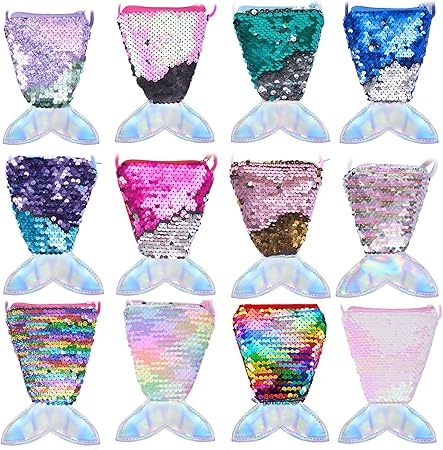 12Pcs Mermaid Tail Coin Purse for Girls Reversible Sequin Mini Wallets Pouches Colorful Sequins Bag for Party Favor Christmas Holiday Gift