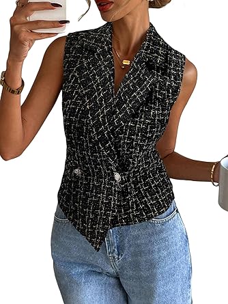 2025 Womens Summer Tweed Plaid Vest Tops Sleeveless Lightweight Crop Double Breasted Work Jacket