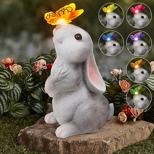 Garden Statue Outdoor Decor-Rabbit with Solar Butterfly Changing Lights Garden Statues, Bunny Statue for Patio, Balcony, Yard, Lawn Ornament, Gardening Gifts for Mom Grandma