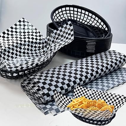 Rainmae Plastic Food Baskets with Parchment Paper Liners, 12 Fast Food Baskets with 120 Deli Paper Sheets, Bread Basket, Candy Fruits basket, Plastic Baskets, Restaurant Baskets for Food - Retro Style