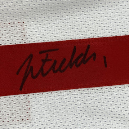 Autographed/Signed Justin Fields Ohio State White College Football Jersey Beckett BAS COA
