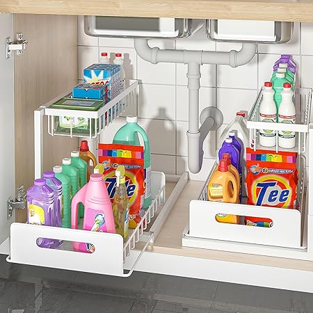 bukfen Under Sink Organizer, Pull Out Home Organizers 2-Tier Slide Out Sliding Shelf Under Cabinet Storage Multi-Use for Under Kitchen Bathroom Sink Organizers and Storage, White, 2 Pack