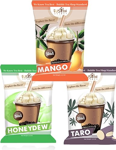 Fusion Select Variety Bubble Tea Mix - Taro Milk Tea Honeydew Mango Boba Tea Powder Flavored 3-in-1 Drink Powder with Cream & Sugar - Instant Pre-Mixed Beverage for Hot or Cold Blends & Yummy Frappes - 6 oz. Pack, Made in Taiwan